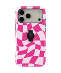 Hot Pink Wavy Checkerboard MagSafe Loop iPhone Case with built-in finger loop closed