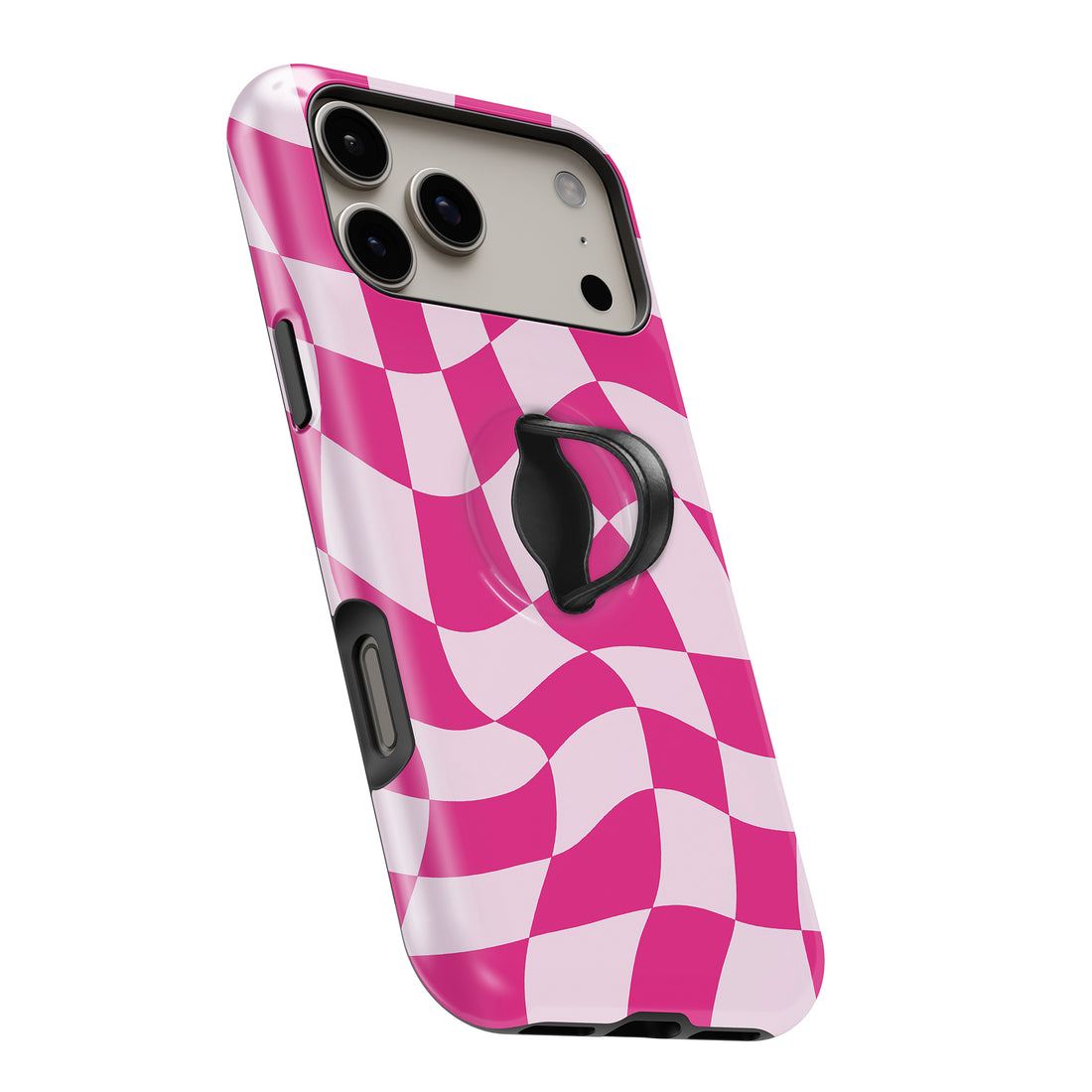 Hot Pink Wavy Checkerboard MagSafe Loop iPhone case with built-in finger loop open