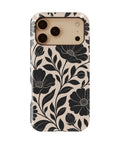 Black botanical floral MagSafe iPhone 17 Pro Max tough case front view