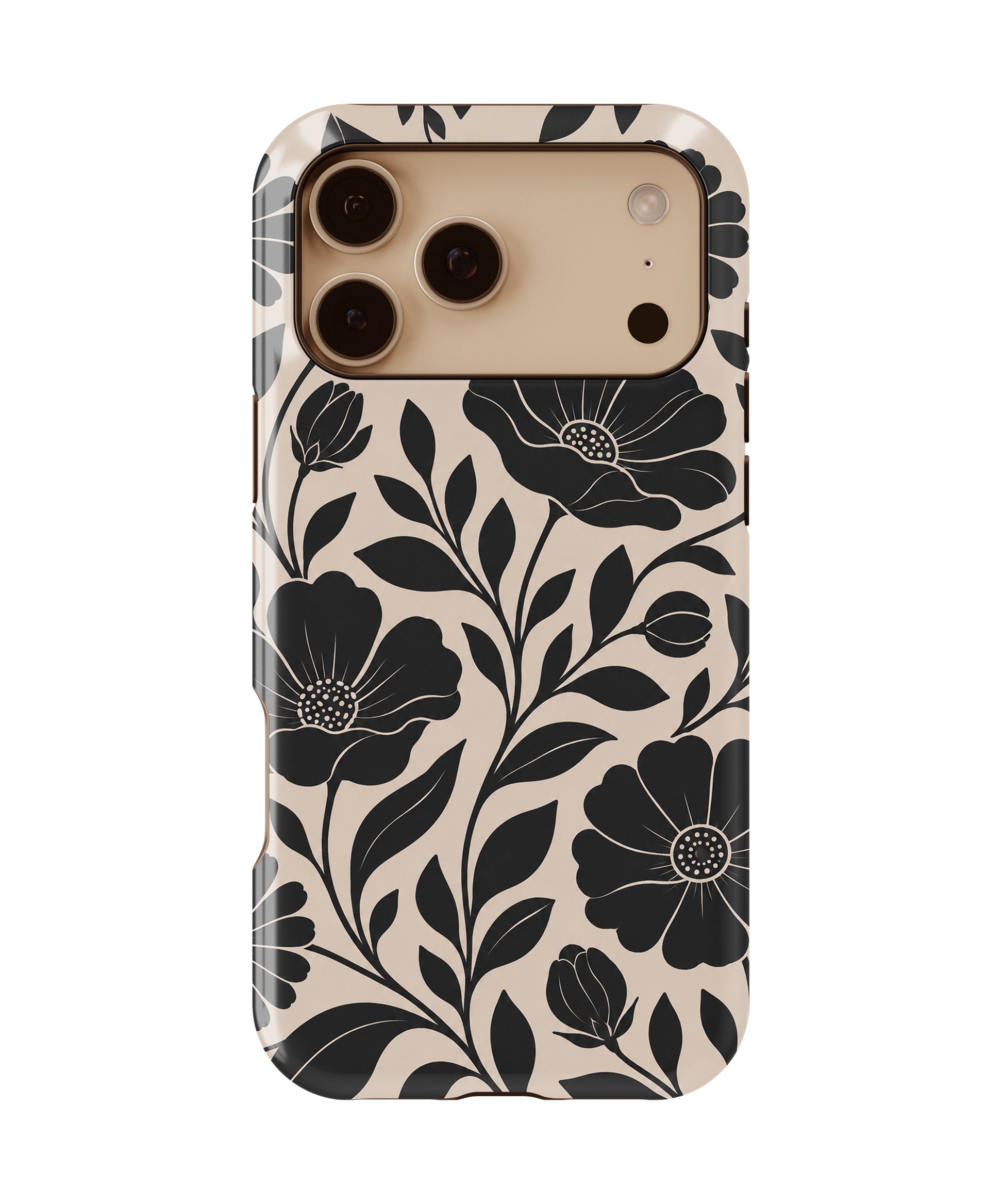 Black botanical floral MagSafe iPhone 17 Pro Max tough case front view