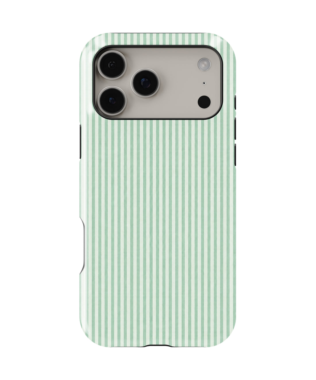 Mint Green and White Pinstripe MagSafe iPhone tough case, back view for Pro Max models