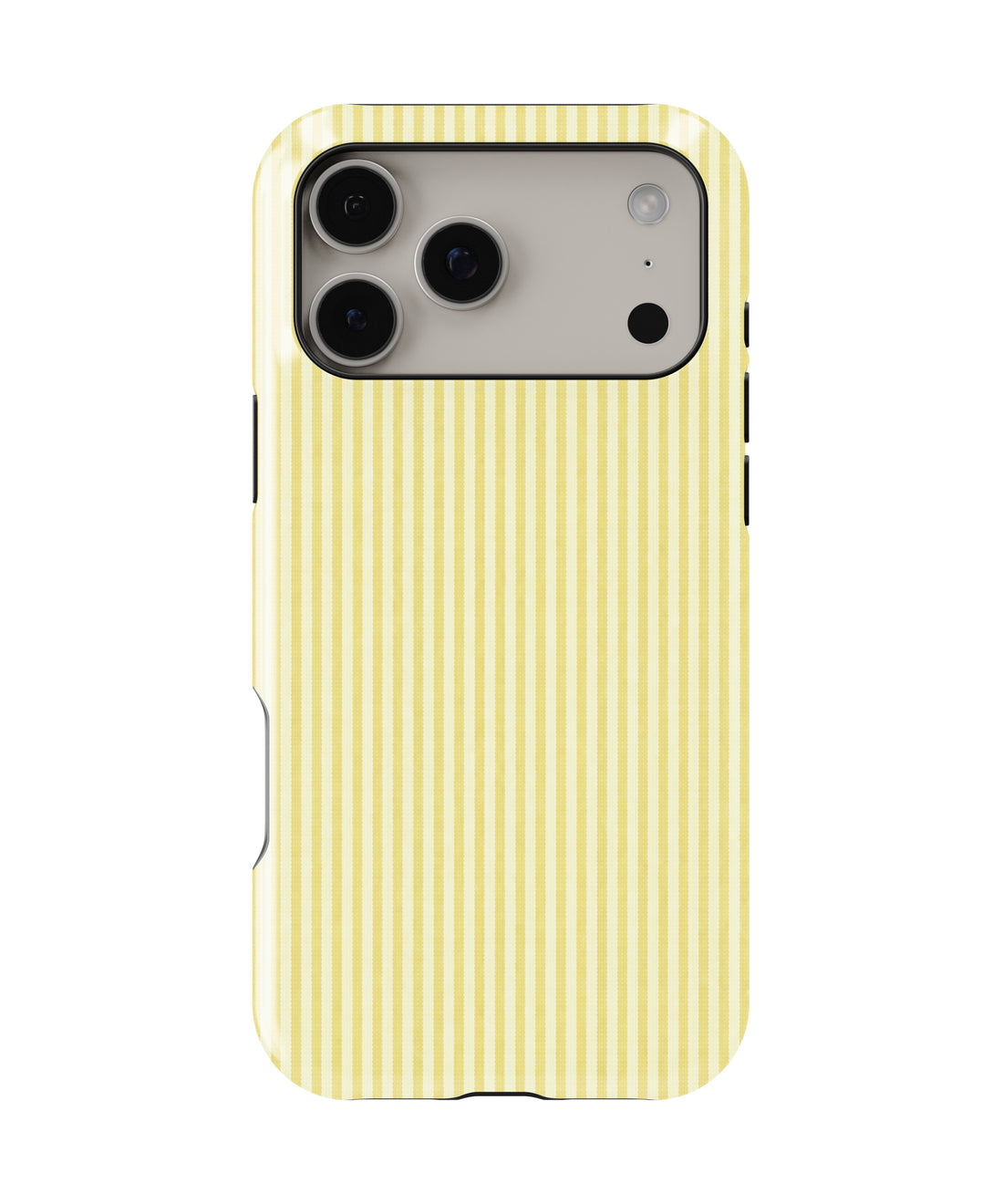 Lemon Yellow and White Pinstripe MagSafe iPhone tough case, back view for Pro Max models