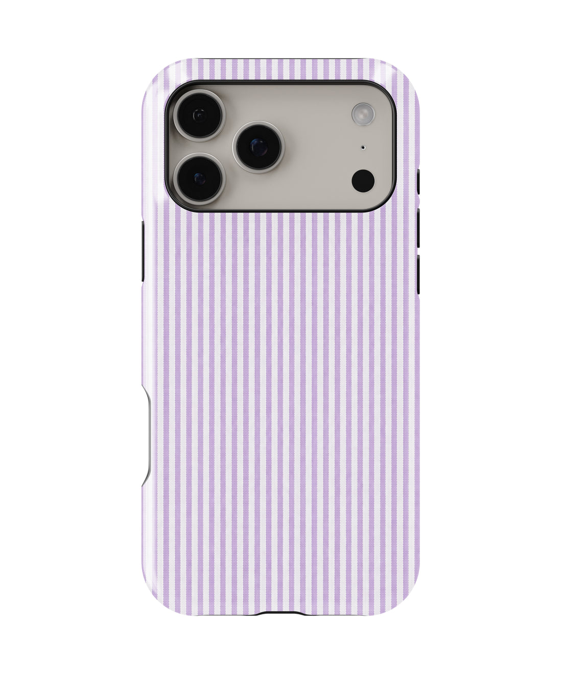 Lavender and White Pinstripe MagSafe iPhone tough case, back view for Pro Max models