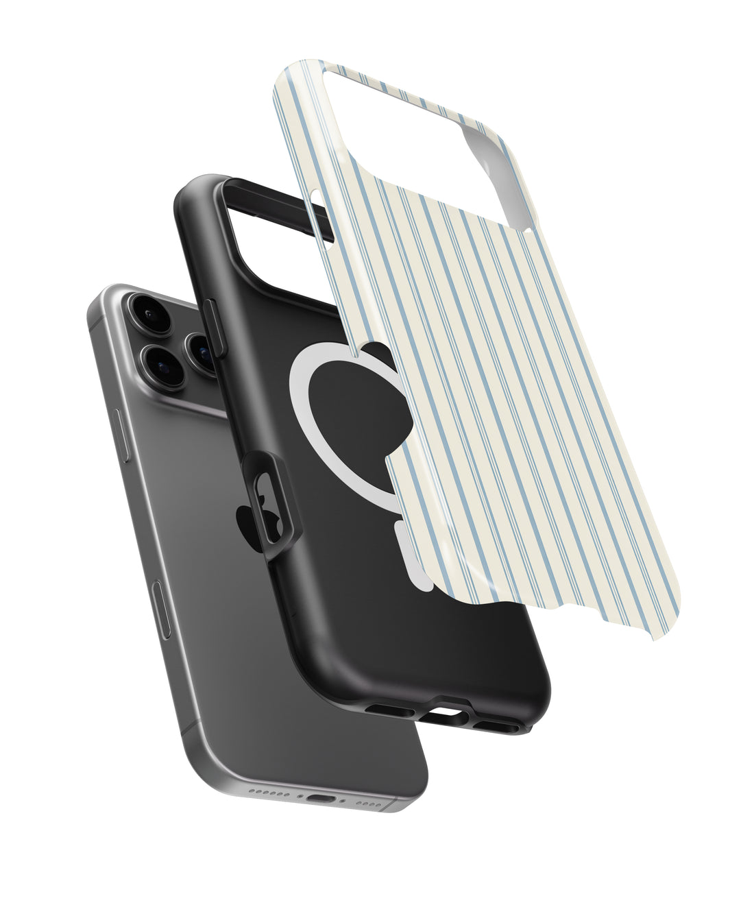 Blue Sage and Cream Vertical Stripe MagSafe iPhone tough case, exploded view showing the case layers and MagSafe ring
