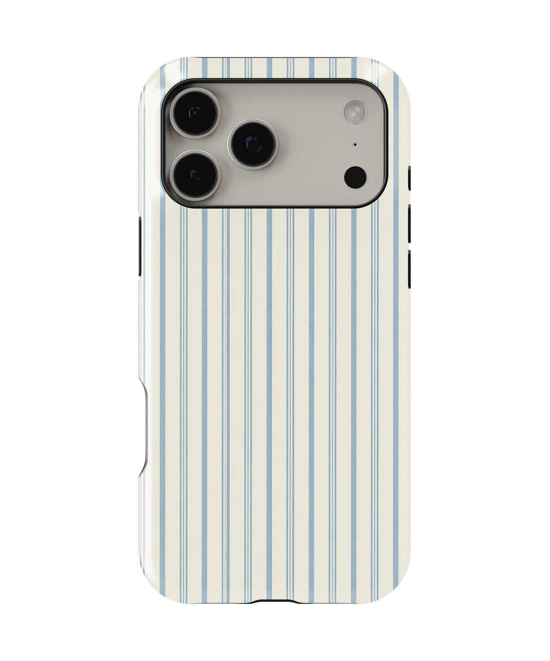 Blue Sage and Cream Vertical Stripe MagSafe iPhone tough case, back view for Pro Max models