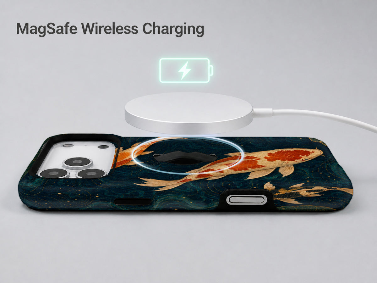 Japanese Koi Fish MagSafe Loop iPhone Case shown with a MagSafe-compatible wireless charger attached