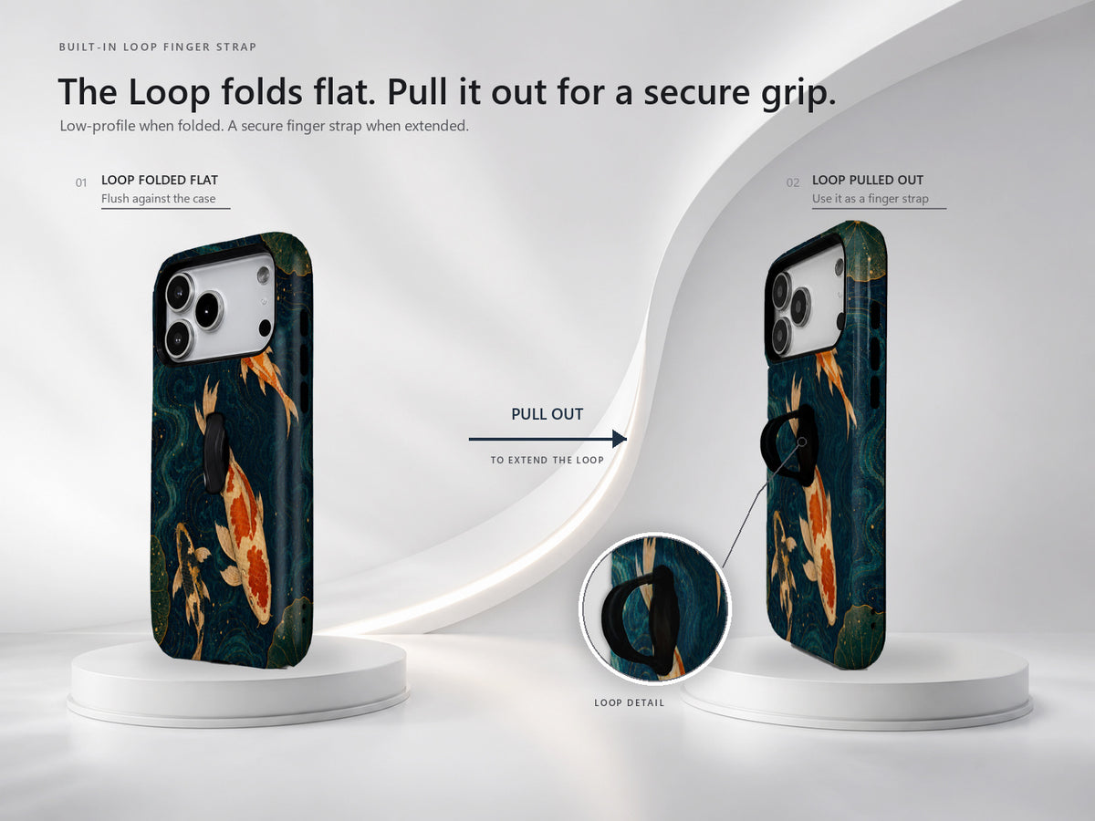 Japanese Koi Fish MagSafe Loop iPhone Case side view showing the built-in finger loop