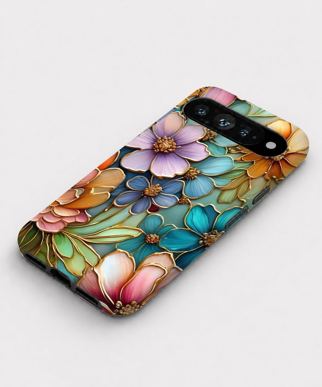 Jewel Tone Stained Glass Floral Google Pixel case with botanical flowers and leaves