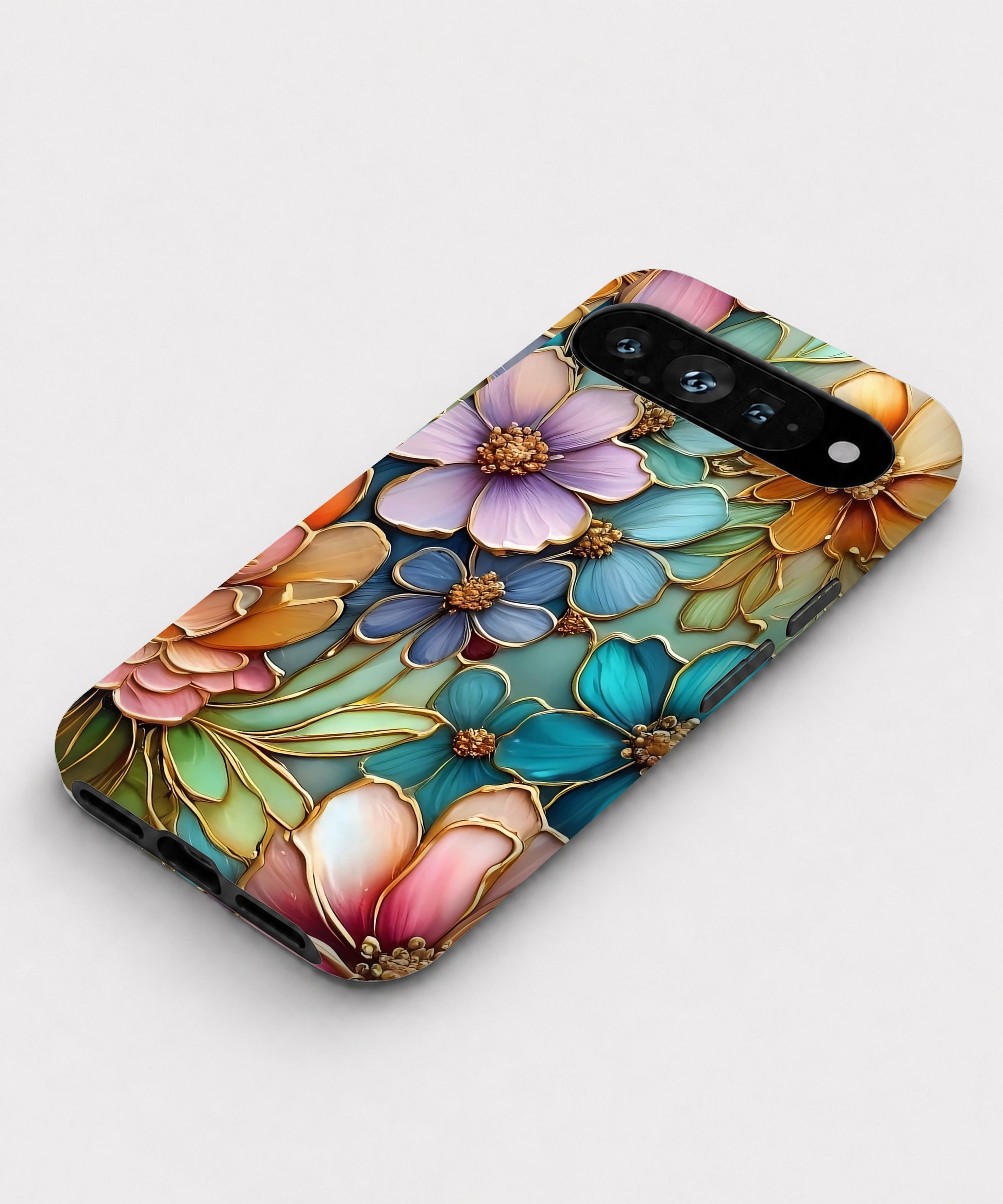 Jewel Tone Stained Glass Floral Google Pixel case front view