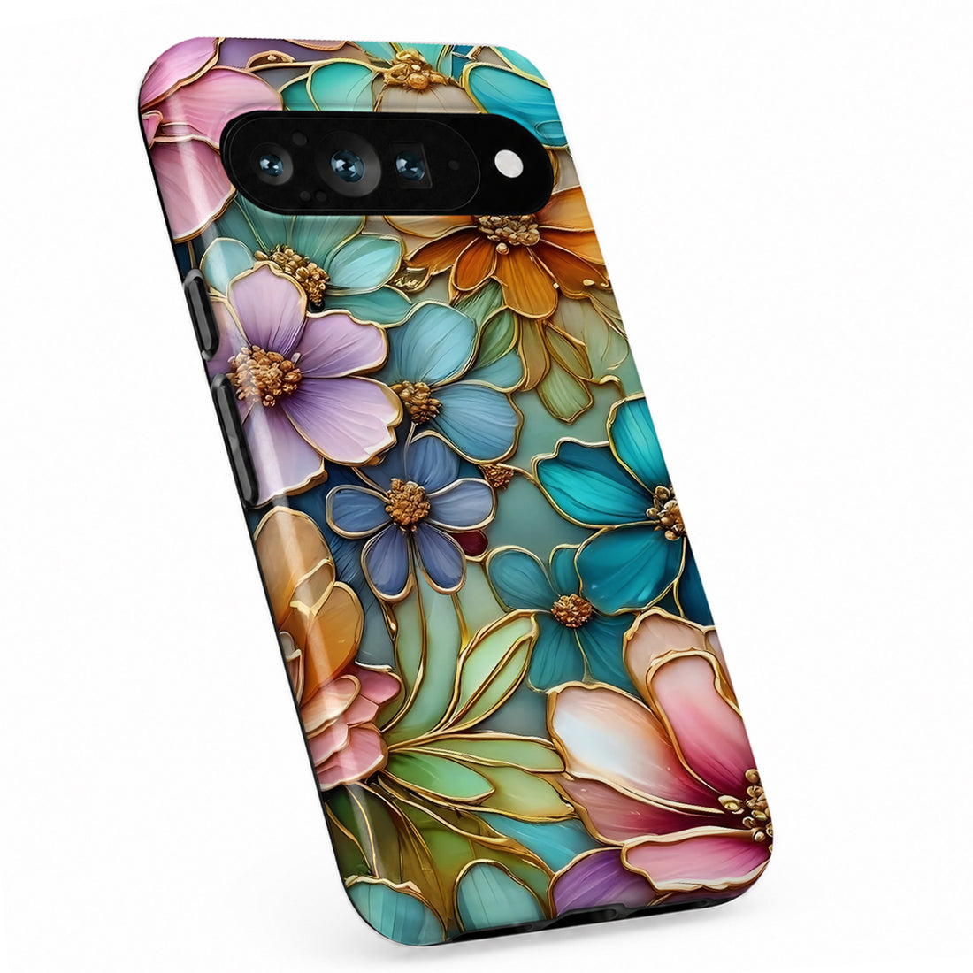 Jewel Tone Stained Glass Floral Google Pixel case with botanical flowers and leaves