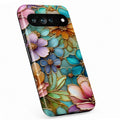 Jewel Tone Stained Glass Floral Google Pixel case with botanical flowers and leaves