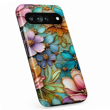 Jewel Tone Stained Glass Floral Google Pixel case with botanical flowers and leaves