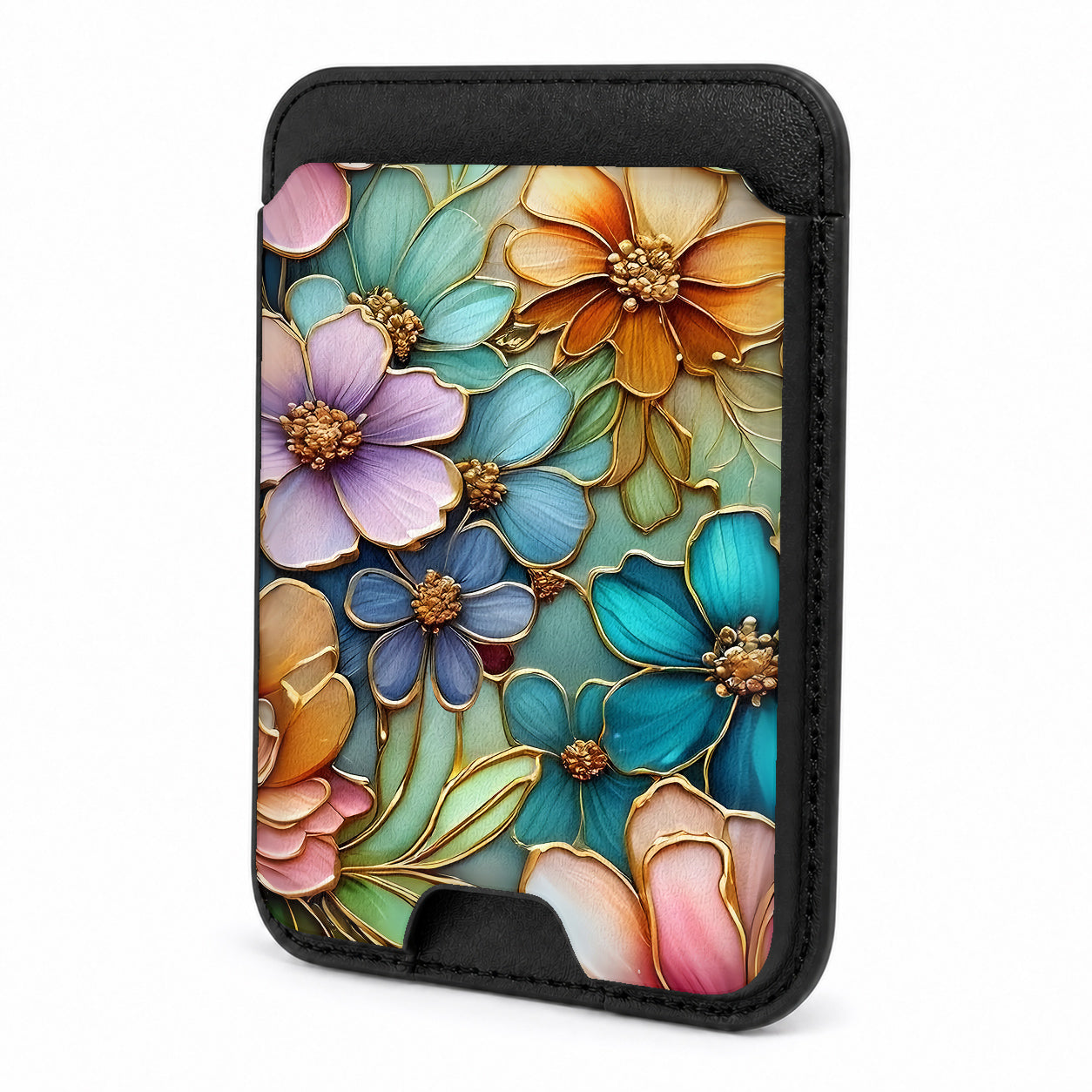 Front view of the Jewel Tone Stained Glass Floral MagSafe card holder on a white background