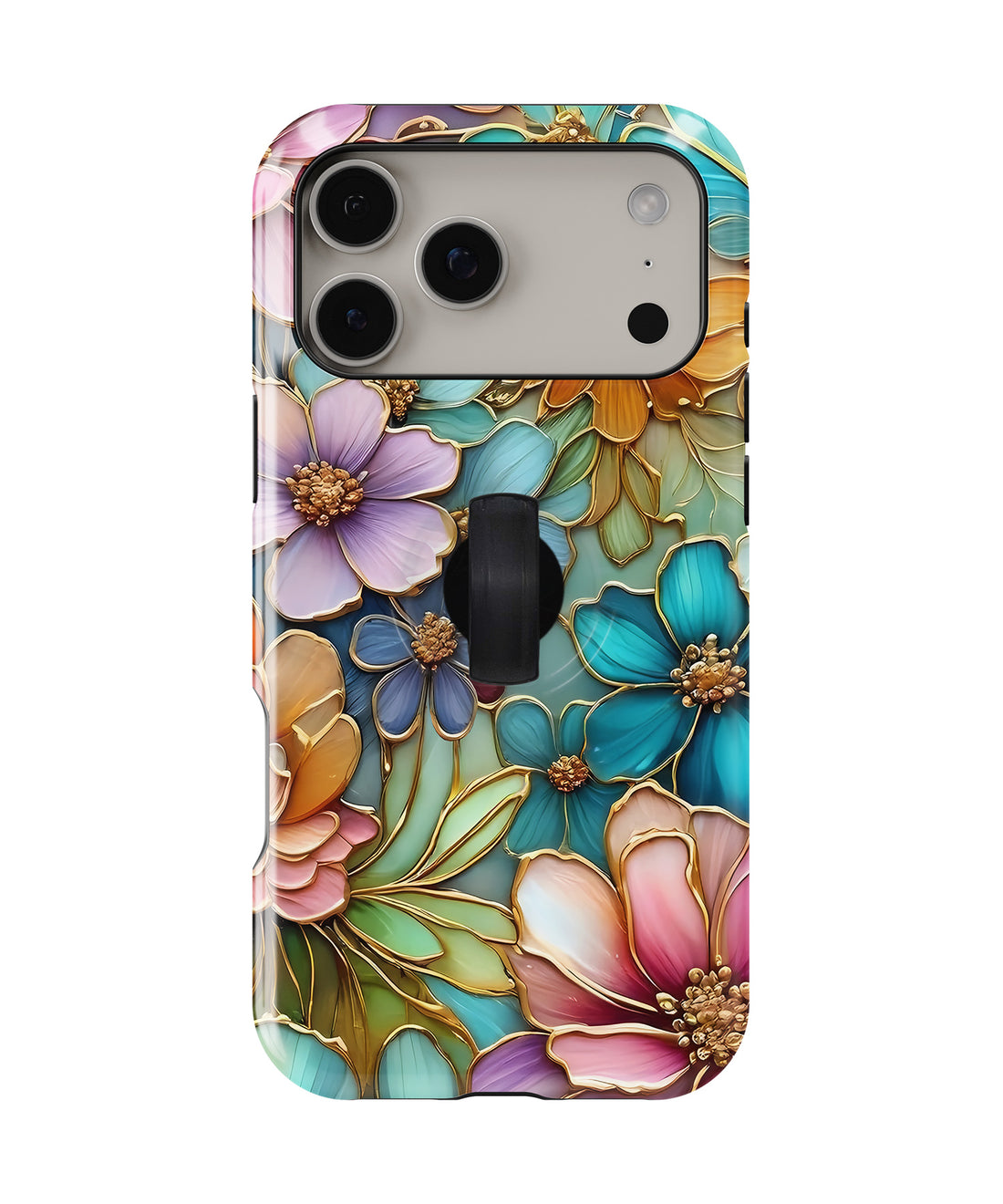 Jewel Tone Stained Glass Floral MagSafe Loop iPhone Case with built-in finger loop closed