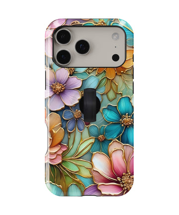 Jewel Tone Stained Glass Floral MagSafe Loop iPhone Case with built-in finger loop closed