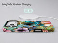 Jewel Tone Stained Glass Floral MagSafe Loop iPhone Case shown with a MagSafe-compatible wireless charger attached