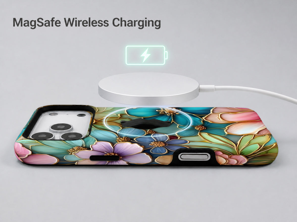 Jewel Tone Stained Glass Floral MagSafe Loop iPhone Case shown with a MagSafe-compatible wireless charger attached