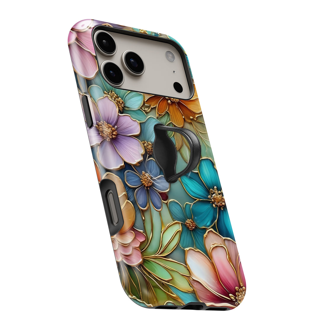 Jewel Tone Stained Glass Floral MagSafe Loop iPhone case with built-in finger loop open