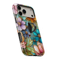 Jewel Tone Stained Glass Floral MagSafe Loop iPhone case with built-in finger loop open
