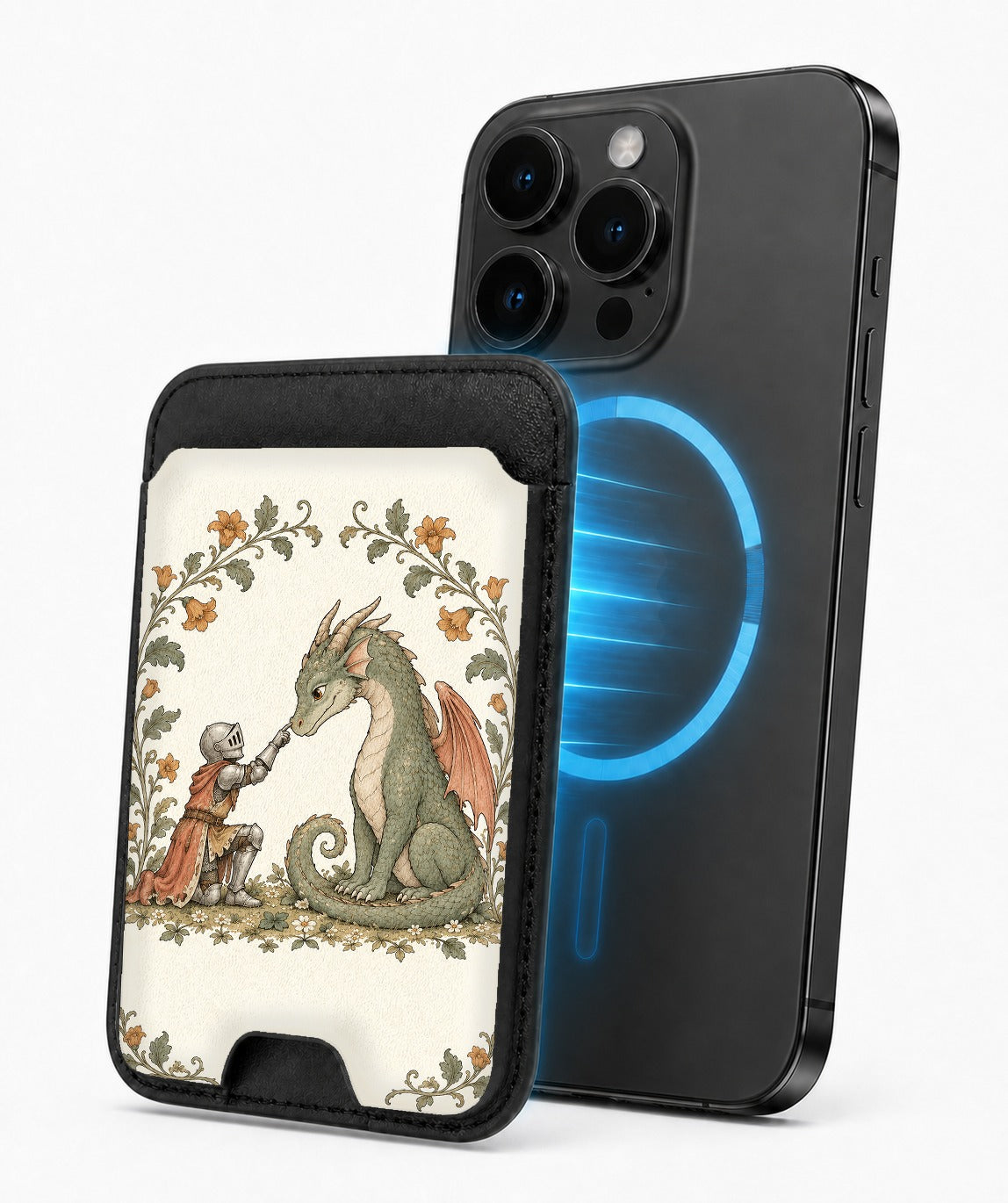 Knight and Friendly Dragon MagSafe Card Holder, magnetic attachment to a compatible iPhone
