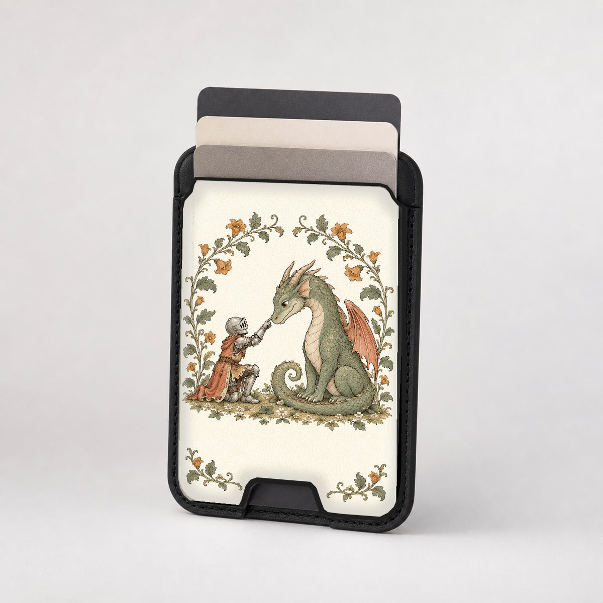 Knight and Friendly Dragon MagSafe Card Holder, card storage shown with cards