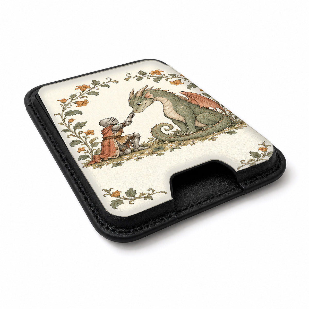 Knight and Friendly Dragon MagSafe Card Holder, angled view showing the thumb access opening