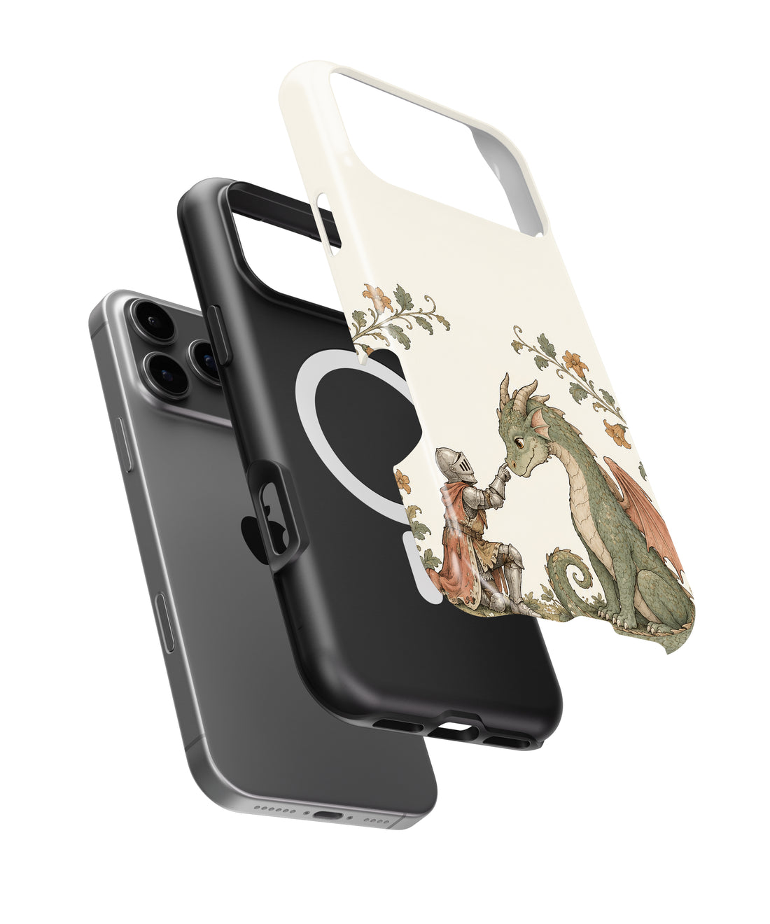 Knight and Friendly Dragon MagSafe iPhone Tough Case, exploded view showing outer shell, inner layer and magnetic ring