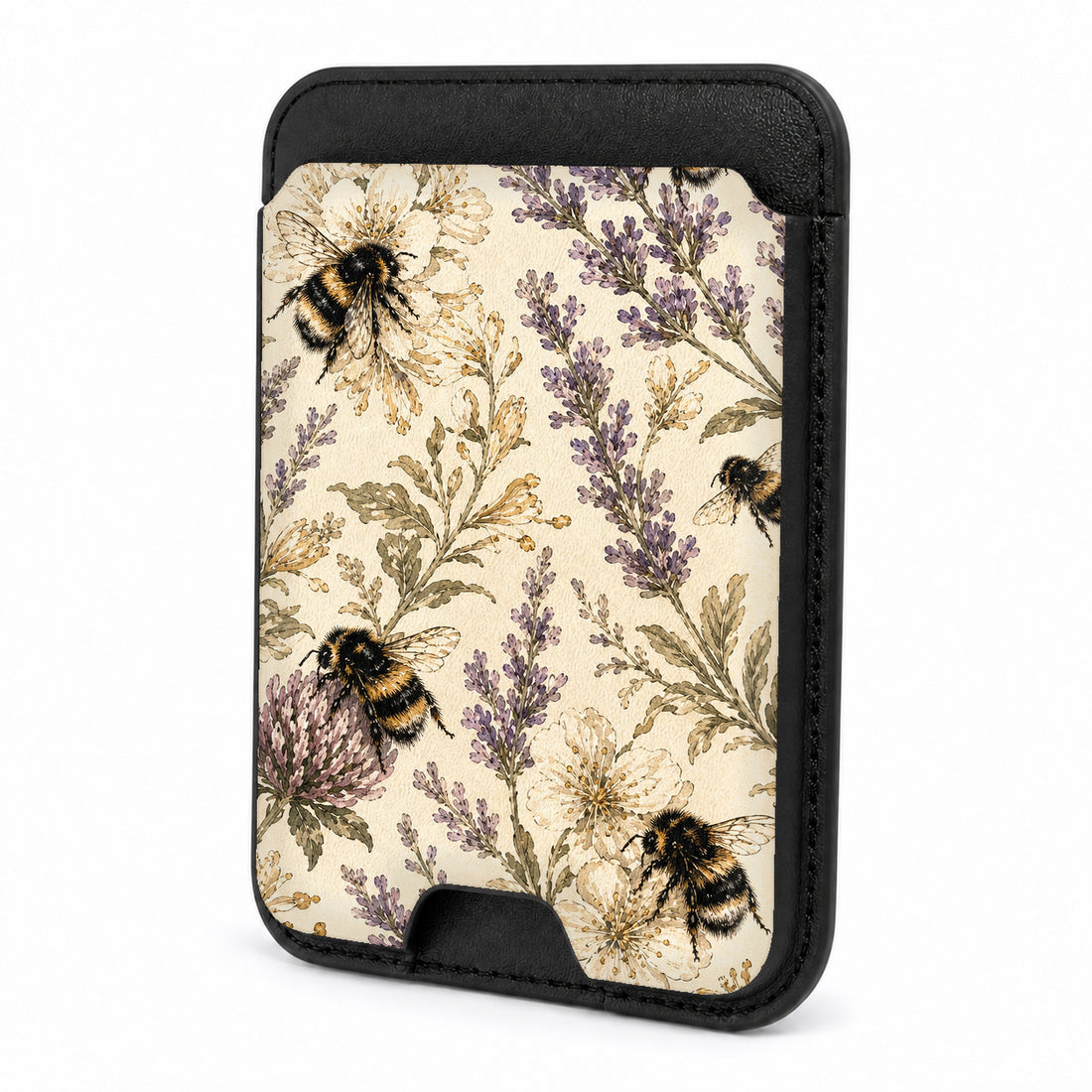Front view of the Lavender Bumblebee Botanical MagSafe card holder on a white background