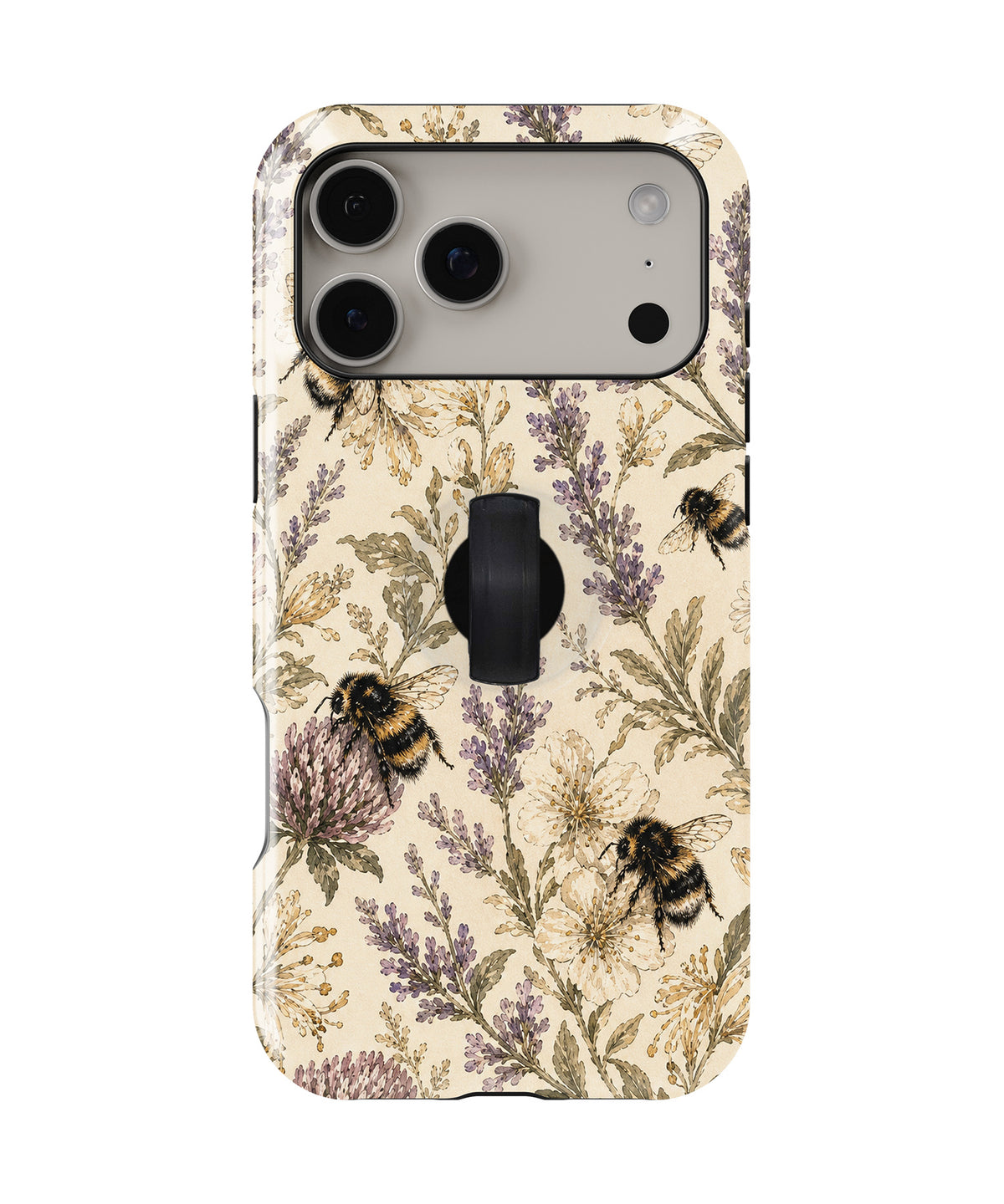 Lavender Bumblebee Botanical MagSafe Loop iPhone Case with built-in finger loop closed