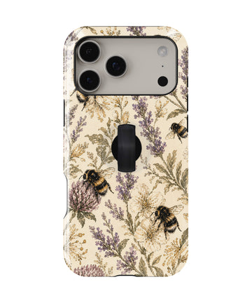 Lavender Bumblebee Botanical MagSafe Loop iPhone Case with built-in finger loop closed