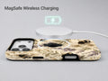 Lavender Bumblebee Botanical MagSafe Loop iPhone Case shown with a MagSafe-compatible wireless charger attached