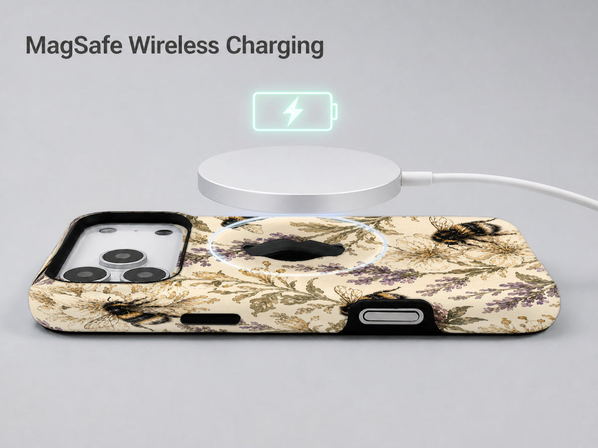 Lavender Bumblebee Botanical MagSafe Loop iPhone Case shown with a MagSafe-compatible wireless charger attached