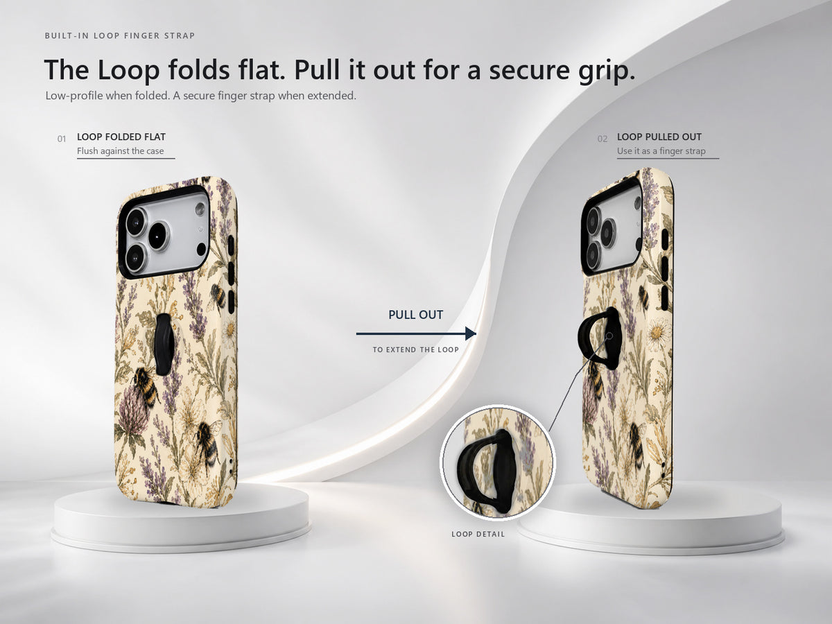 Lavender Bumblebee Botanical MagSafe Loop iPhone Case side view showing the built-in finger loop
