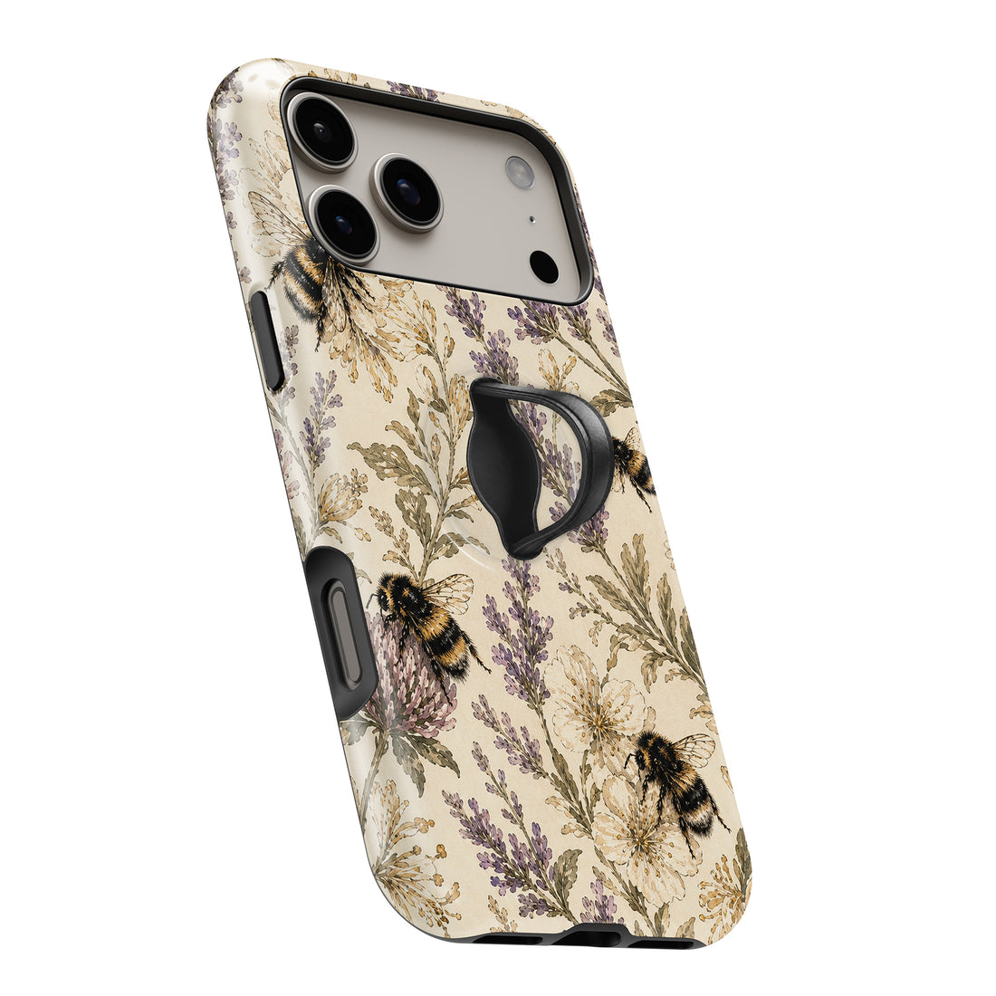 Lavender Bumblebee Botanical MagSafe Loop iPhone case with built-in finger loop open