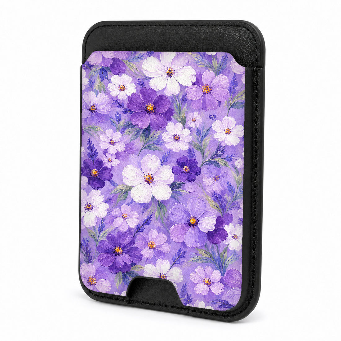 Front view of the Lavender Daisy Floral MagSafe card holder on a white background
