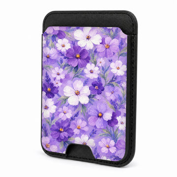Front view of the Lavender Daisy Floral MagSafe card holder on a white background
