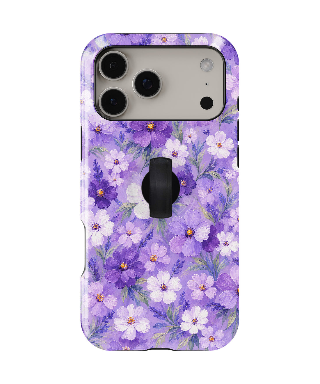 Lavender Daisy Floral MagSafe Loop iPhone Case with built-in finger loop closed