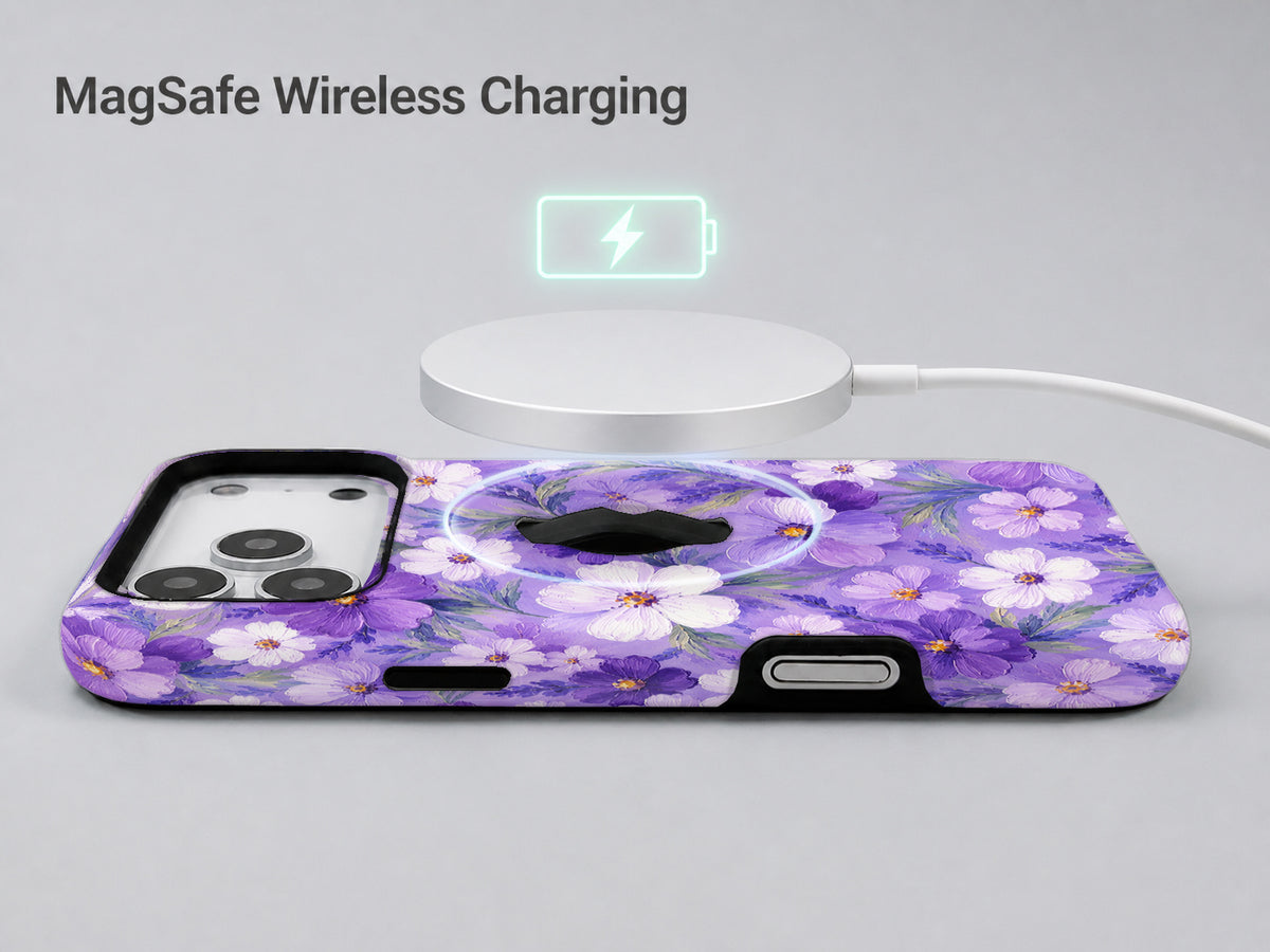 Lavender Daisy Floral MagSafe Loop iPhone Case shown with a MagSafe-compatible wireless charger attached