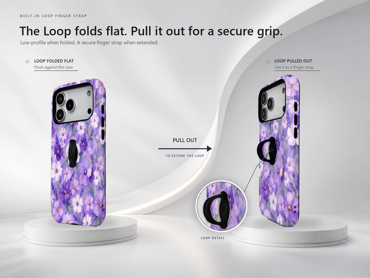 Lavender Daisy Floral MagSafe Loop iPhone Case side view showing the built-in finger loop