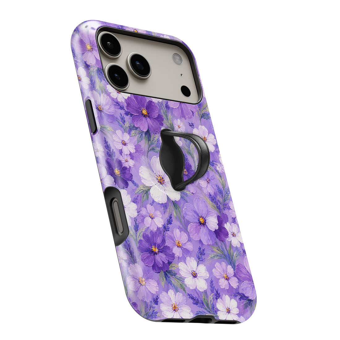 Lavender Daisy Floral MagSafe Loop iPhone case with built-in finger loop open