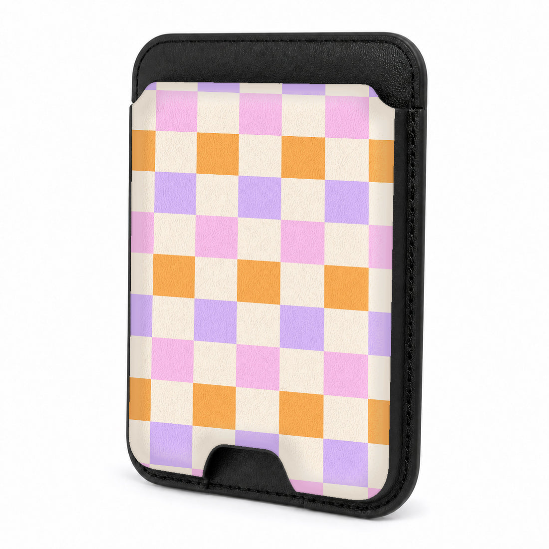 Front view of the Lavender Peach Checkerboard MagSafe card holder on a white background
