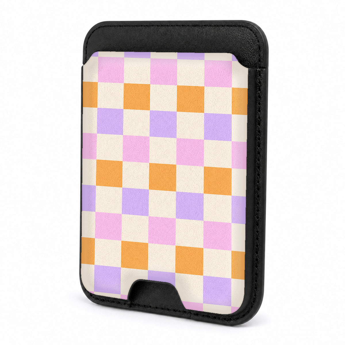 Front view of the Lavender Peach Checkerboard MagSafe card holder on a white background