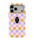 Lavender Peach Checkerboard MagSafe Loop iPhone Case with built-in finger loop closed