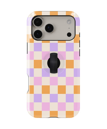 Lavender Peach Checkerboard MagSafe Loop iPhone Case with built-in finger loop closed