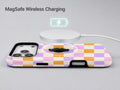 Lavender Peach Checkerboard MagSafe Loop iPhone Case shown with a MagSafe-compatible wireless charger attached