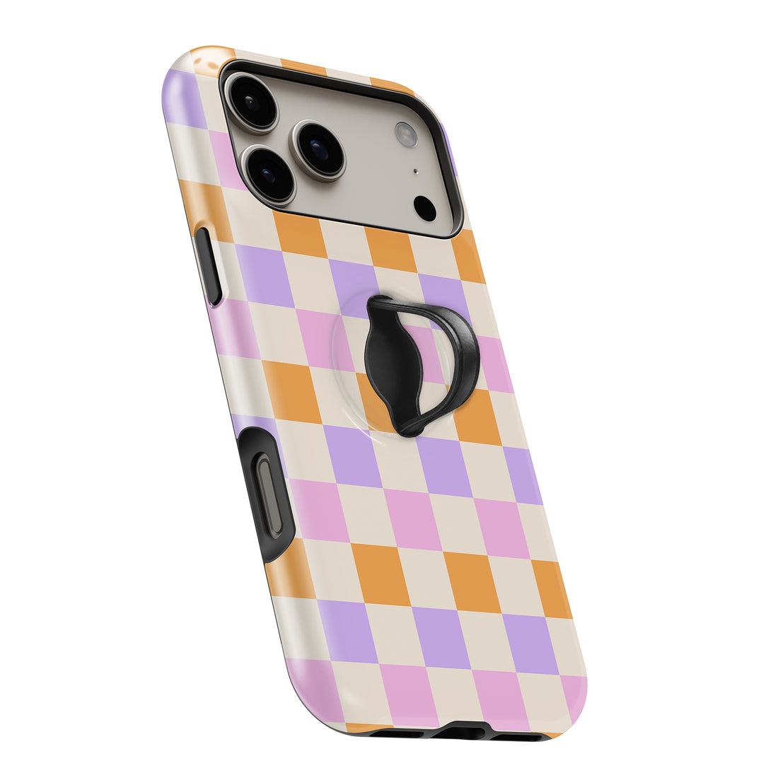 Lavender Peach Checkerboard MagSafe Loop iPhone case with built-in finger loop open