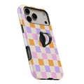 Lavender Peach Checkerboard MagSafe Loop iPhone case with built-in finger loop open