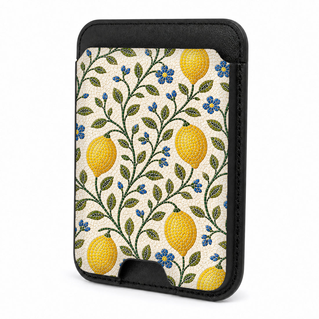 Front view of the Lemon Botanical MagSafe card holder on a white background