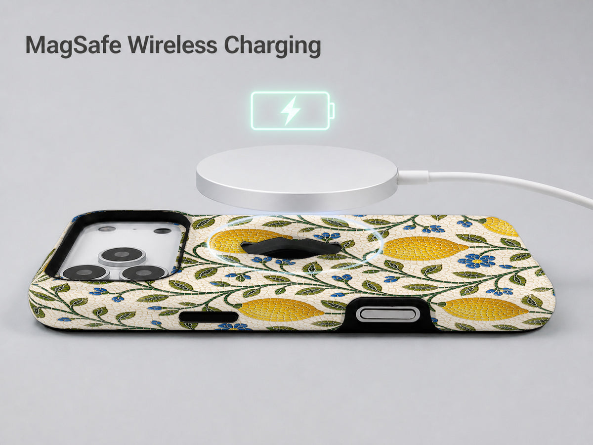 Lemon Botanical MagSafe Loop iPhone Case shown with a MagSafe-compatible wireless charger attached