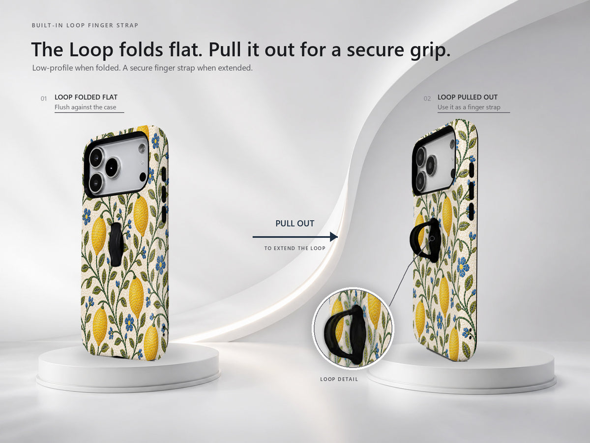 Lemon Botanical MagSafe Loop iPhone Case side view showing the built-in finger loop